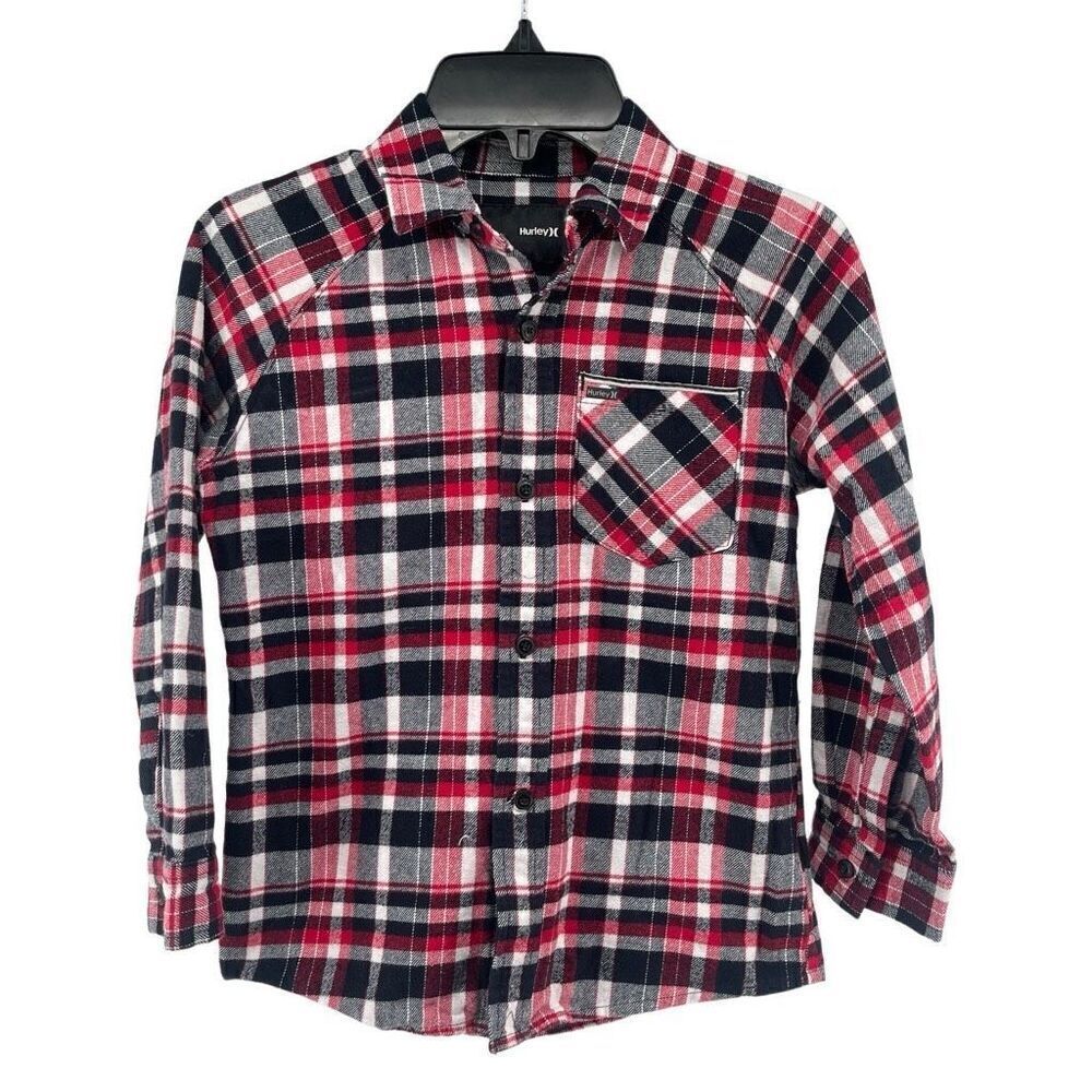 Hurley Boys Red Black White Checkered Flannel Button-Up Shirt Size 6/7